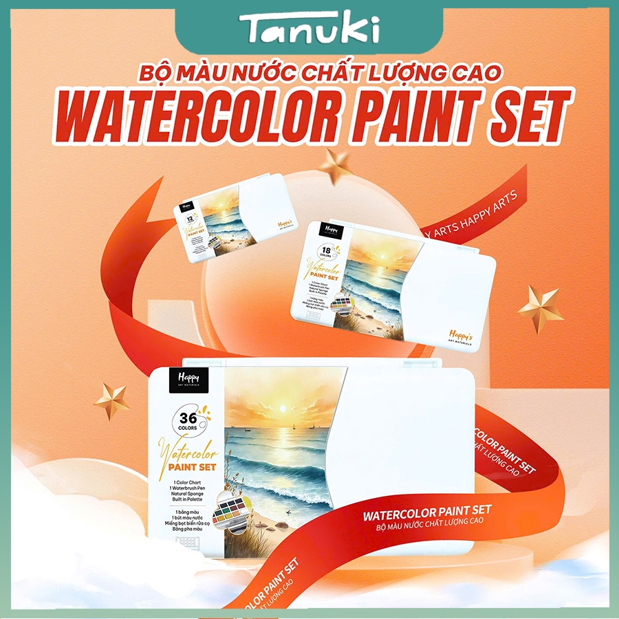 [TANUKI ART] Set màu nước travel tiện lợi Happy 12/18/24/36/62/72 màu (Tặng kèm giấy vẽ)