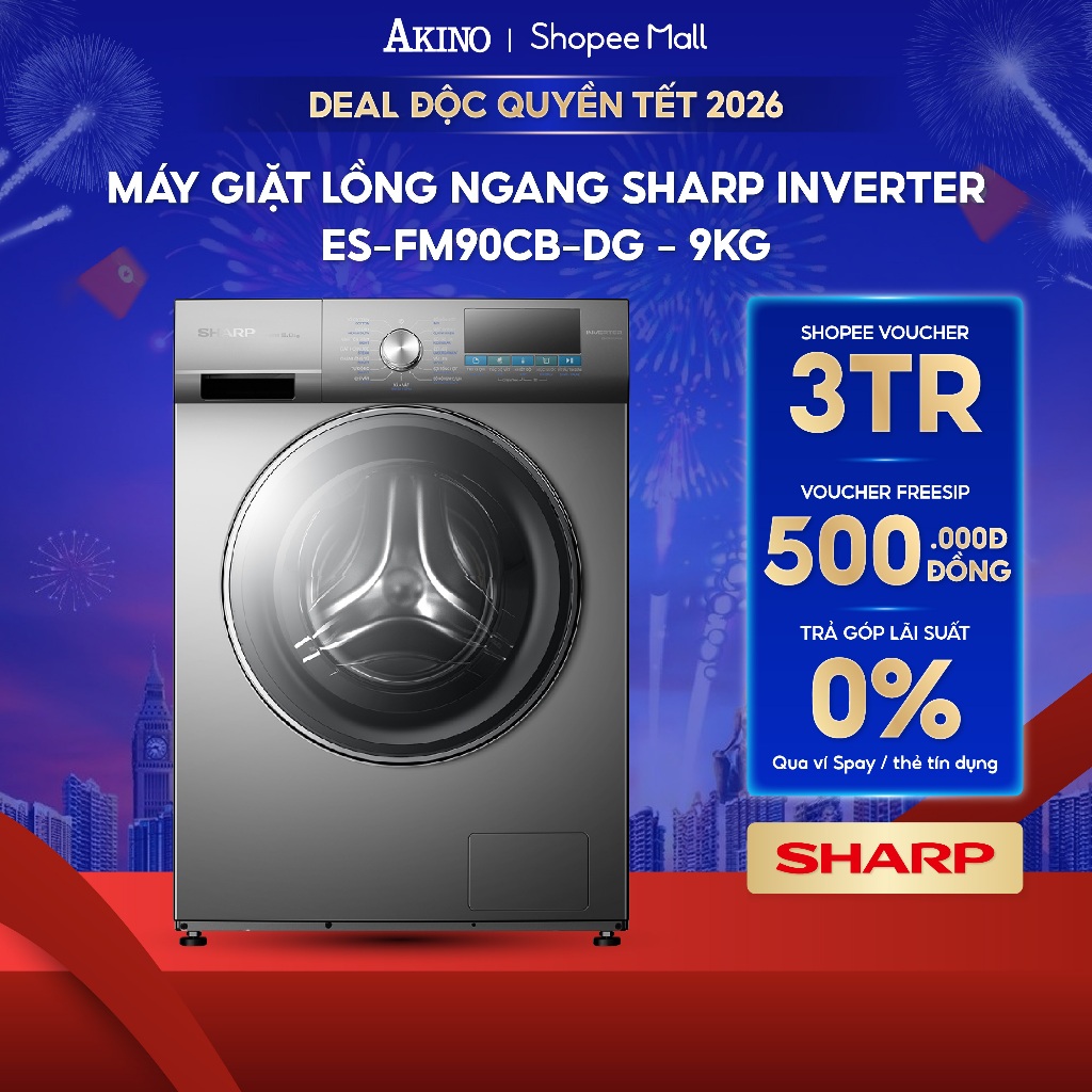 Máy giặt Lồng Ngang Sharp Inverter 9 kg ES-FM90CB-DG - Hàng Chính Hãng