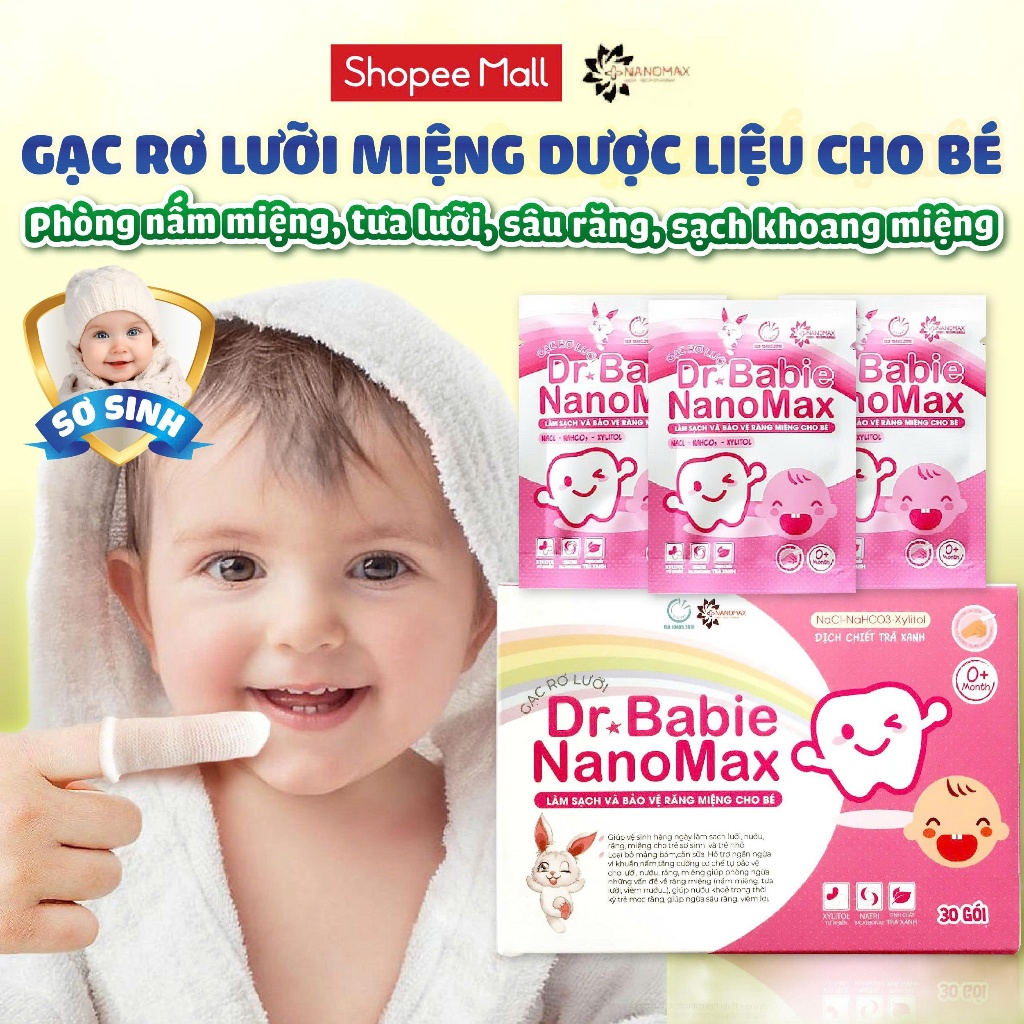 Gạc rơ lưỡi Dr.Babie Nanomax làm sạch mảng bám và bảo vệ răng miệng cho bé (Hộp 30 gói)