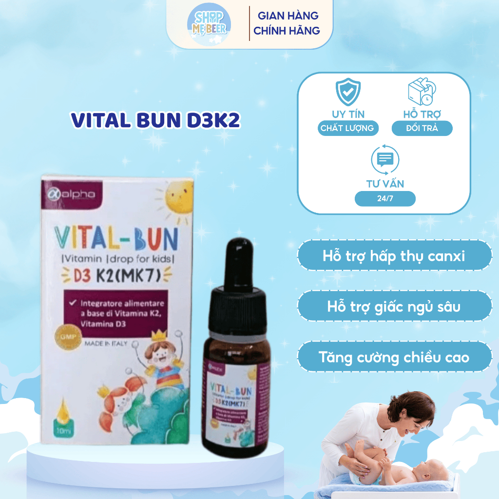 D3K2 Vital Bun - Vitamin D3 cho trẻ sơ sinh, Vital Bun D3K2 giúp tăng khả năng hấp thu Canxi phát tr