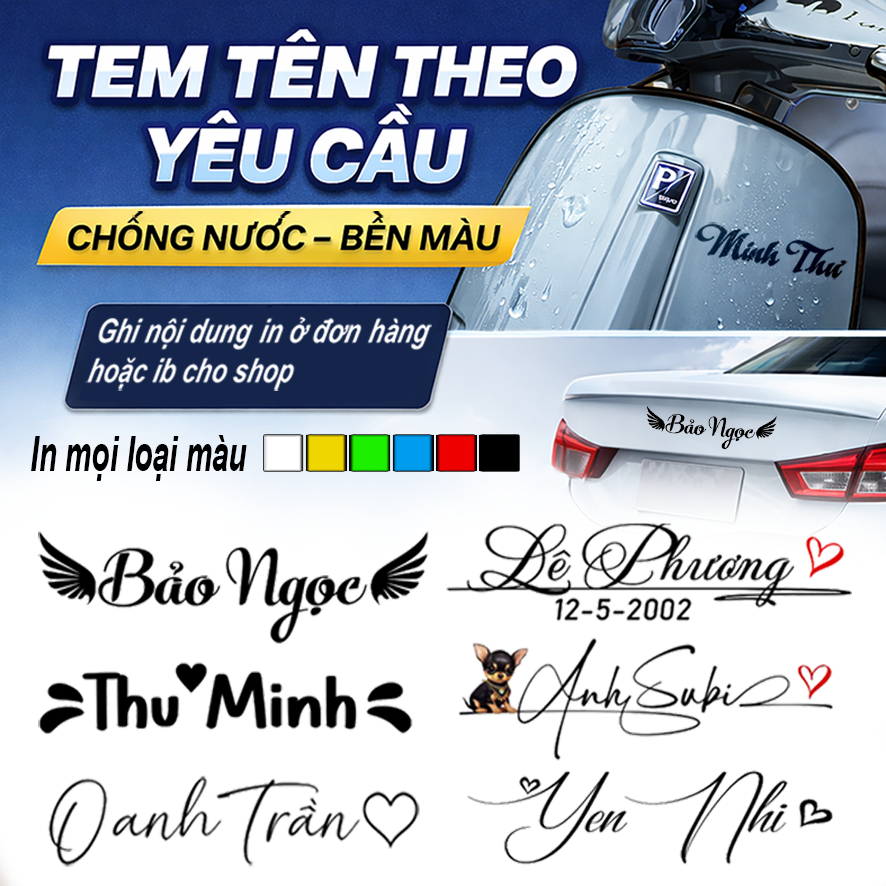 Tem dán xe chữ ký theo tên, tem tên theo yêu cầu dán xe máy, dán ô tô, mũ bảo hiểm Decal chống nước bền màu