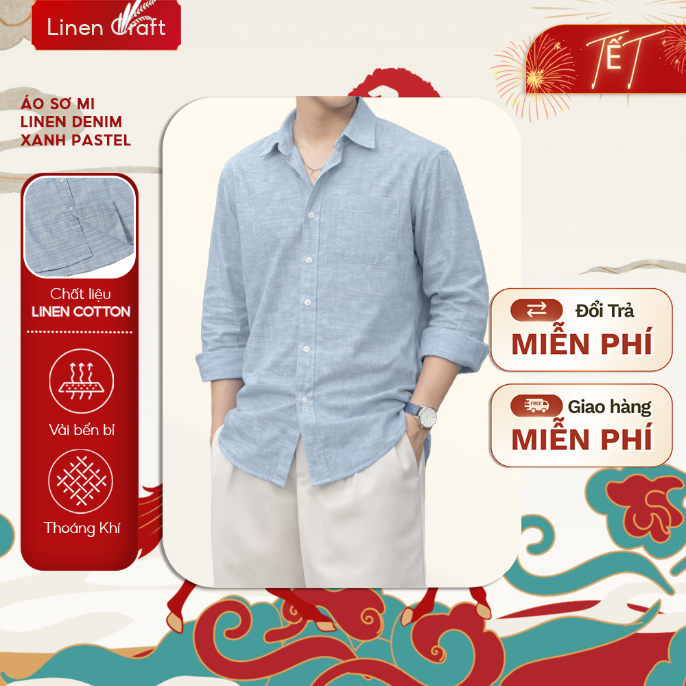 Áo sơ mi nam tay dài linen denim – màu xanh dương bạc nhạt, mát nhẹ, bền đẹp – Linen Craft