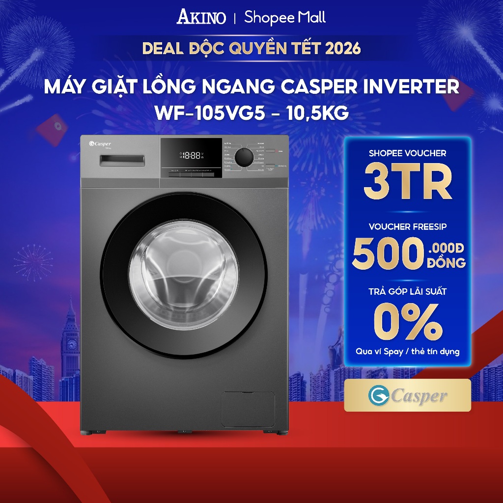 Máy giặt Lồng Ngang Casper Inverter 10.5 kg WF-105VG5 - Hàng Chính Hãng