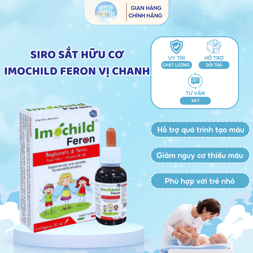 Siro Sắt Hữu Cơ Imochild FERON Vị Chanh Bổ Sung Sắt Amin Vitamin B6 B9 B12 Cho Bé Khỏe Mạnh Lọ 30ml