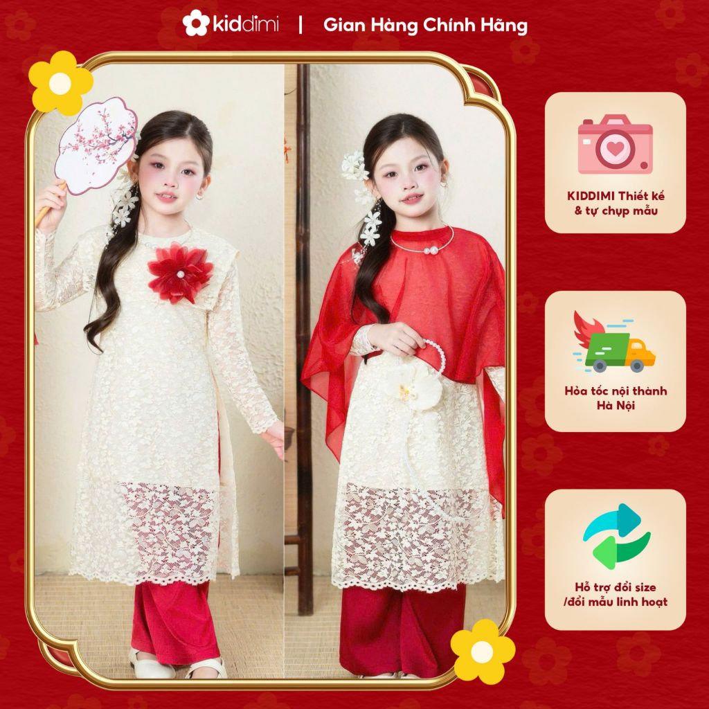 (Chính chủ KIDDIMI) Áo dài ren thanh lịch TẶNG HOA + VOAN ĐỎ cho bé gái - XUÂN CÁT