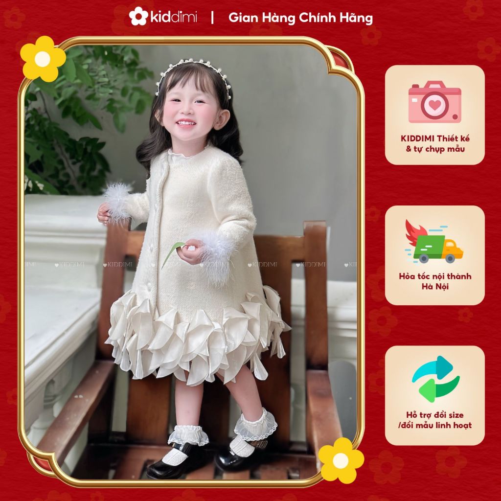 (Chính chủ KIDDIMI) Váy dạ lông thỏ đính lông vũ cho bé gái - SNOW DRESS