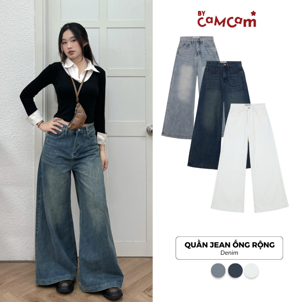 Quần Jeans Wash New Cạp Cao 𝑩𝒚𝒄𝒂𝒎𝒄𝒂𝒎 Quần Bò Ống Rộng Tôn Dáng Basic QTD002