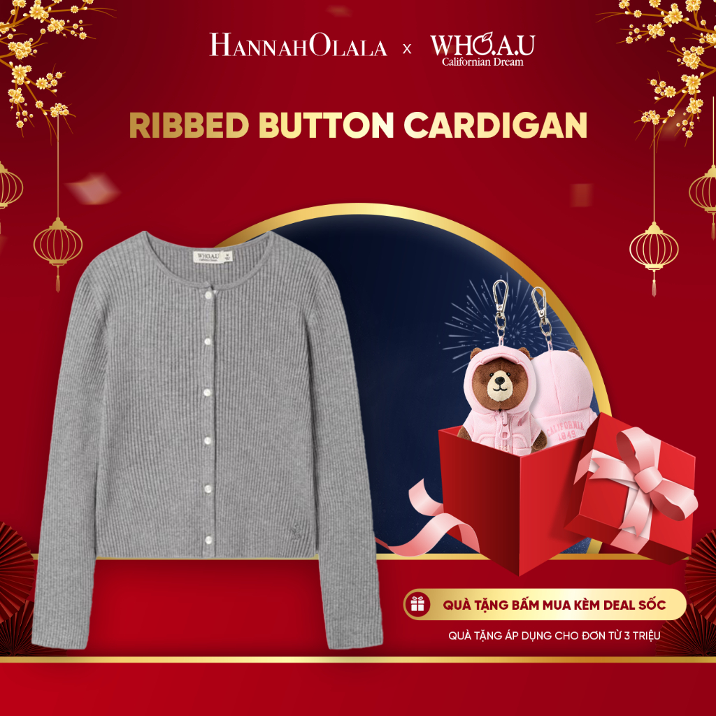 [Hannah x WHO.A.U] Áo Cardigan Vải Gân WHO.A.U Ribbed Button Cardigan_WHCKF4742F
