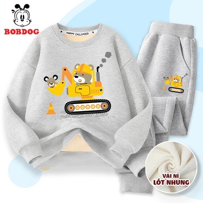 Bộ nỉ bé trai BOBDOG dài tay, quần áo thu đông nỉ nhung dày ấm in hình máy xúc cute RU1-BDO82 cho bé