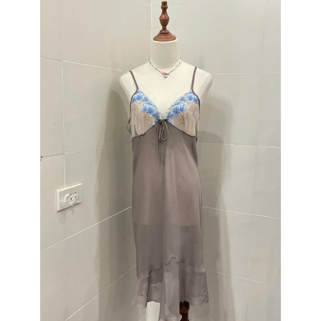 Váy ngủ voan hai dây secondhand, phối ren, hoa, xuyên thấu, màu pastel, vintage, secondhand