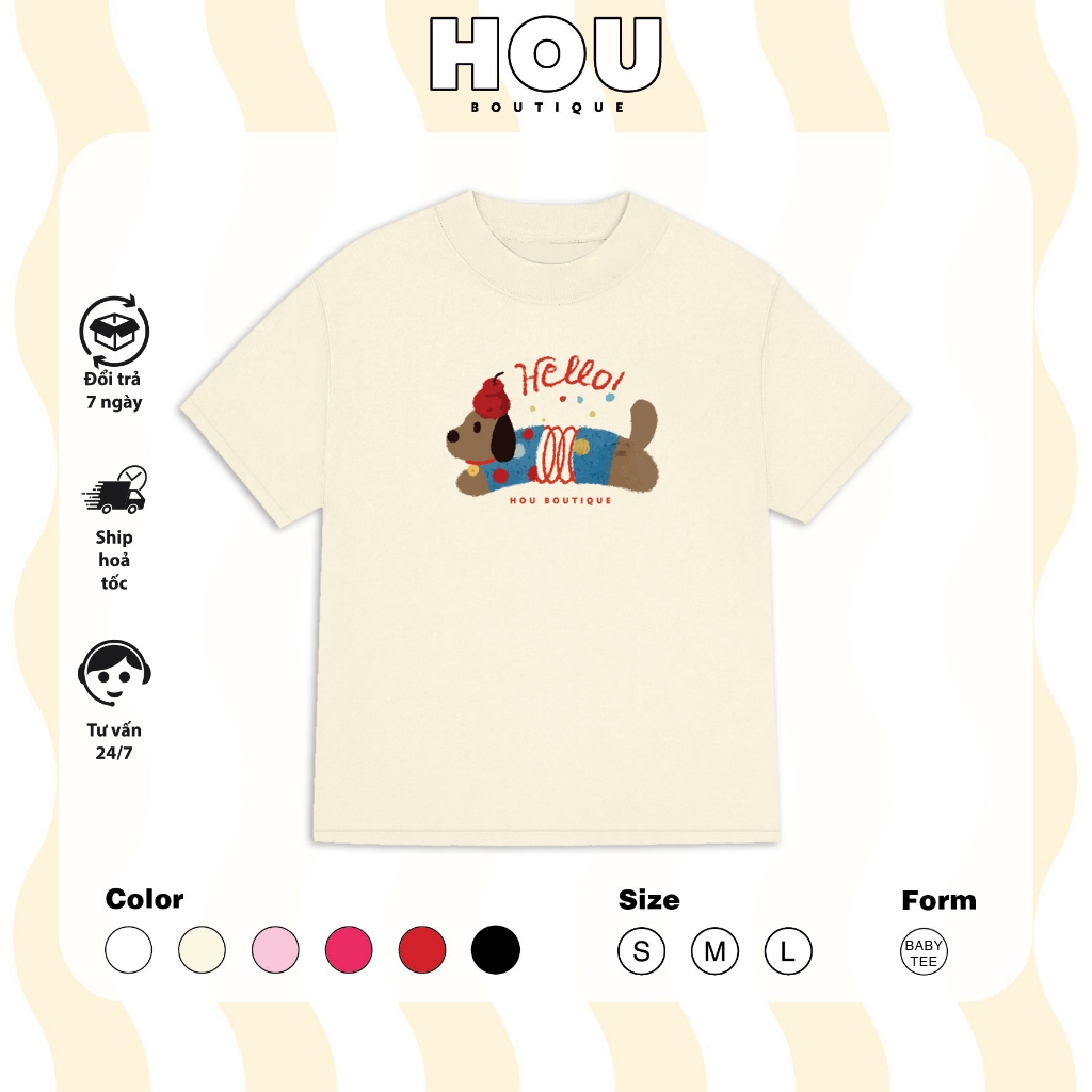 Áo thun nữ Babytee Hello DOG Hou Boutique Basic 100% Cotton 250gsm Cổ Tròn Women Top AT59