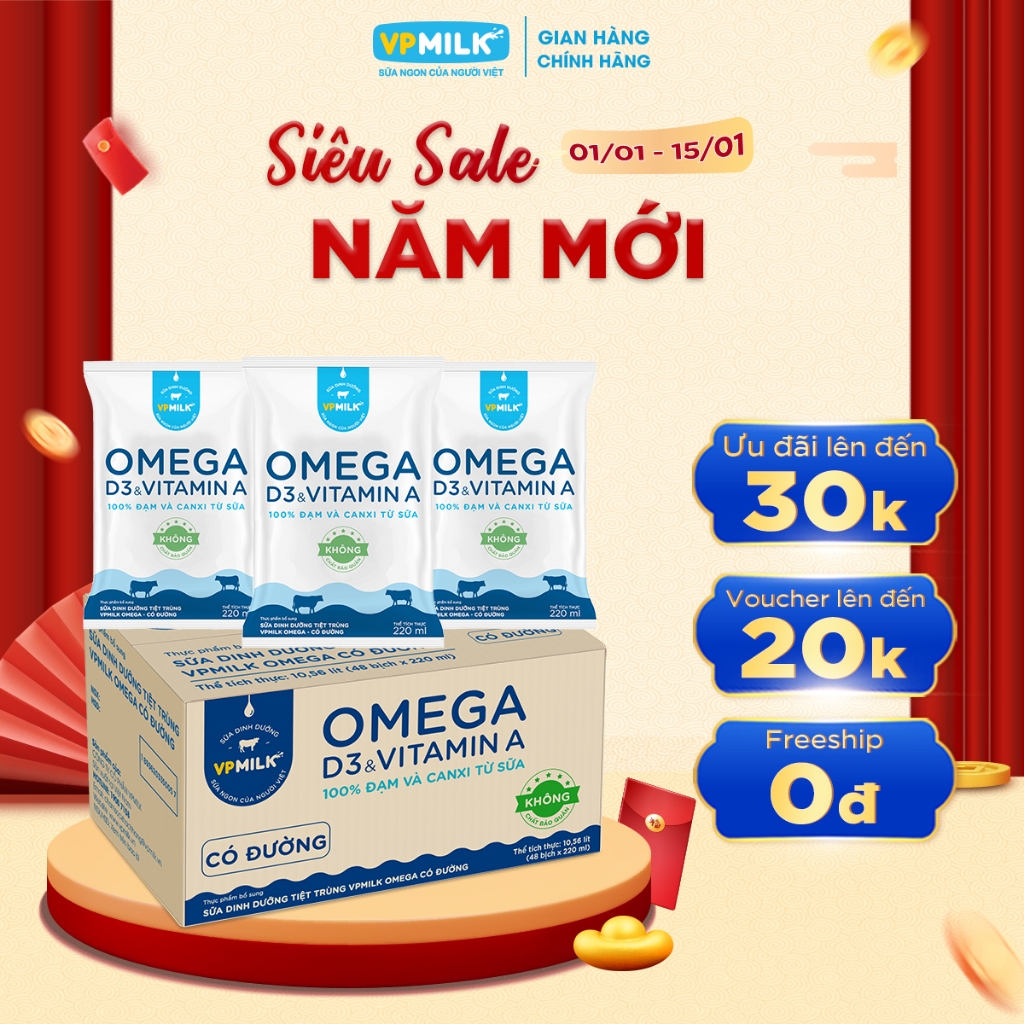 (Chỉ giao HCM) Sữa dinh dưỡng tiệt trùng VPMilk Omega BỊCH 220ml (thùng 48 bịch)