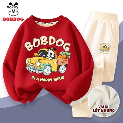 Bộ quần áo bé trai BOBDOG nỉ nhung dài tay thu đông, set đồ cho bé dày ấm hình ô tô happy RU1-BDO34