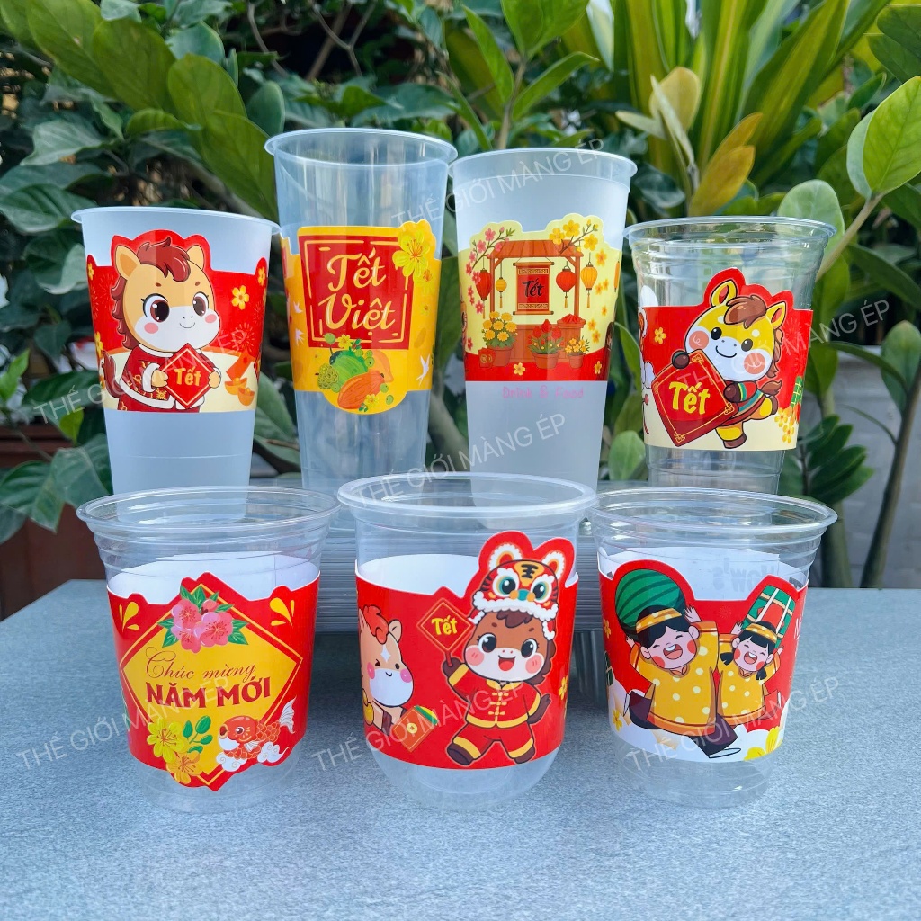 Cover Ly Tết 2026 Trang Trí – Dùng Cho Ly Nhựa, Ly Giấy, Ly Thủy Tinh – Combo 100 Cái (Không Kèm Ly)