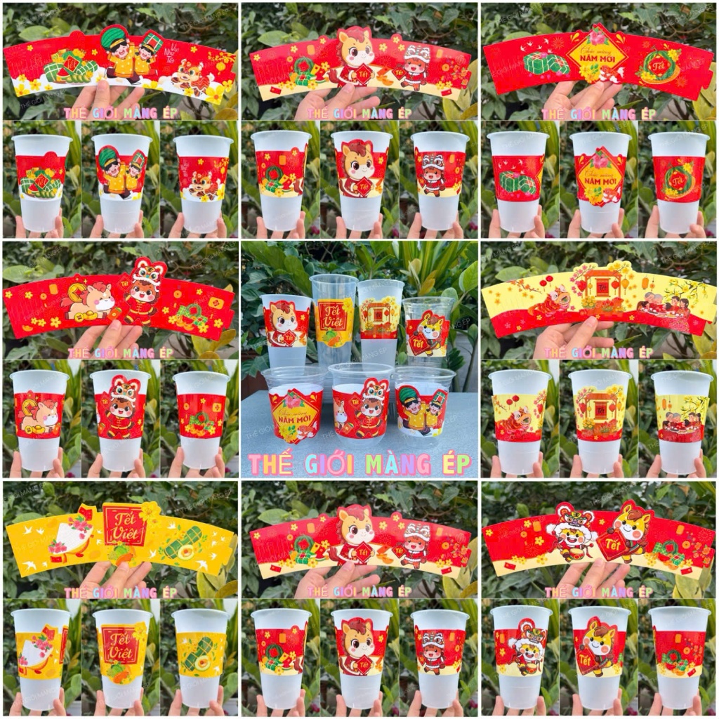 COMBO 200 cover bọc ly kèm tag OH in sẵn Tết 2026 trang trí ly nhựa ly giấy PE