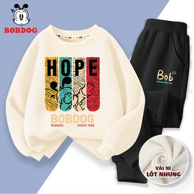 Bộ nỉ nhung bé trai BOBDOG, set quần áo dài tay thu đông dày ấm cho bé in hình HOPE RU1-BDO02-BDQ01