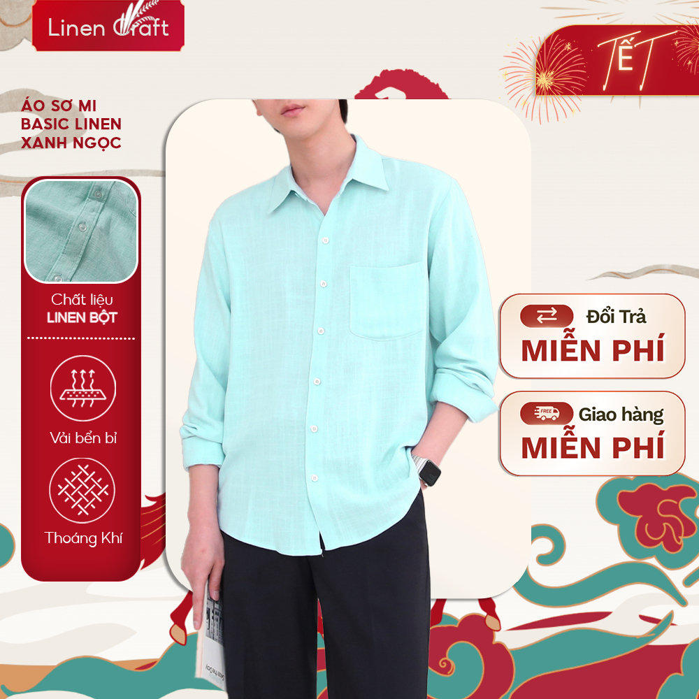 Áo sơ mi nam tay dài linen basic màu xanh mint | Linen premium mềm mát – Form relaxed – Linen Craft