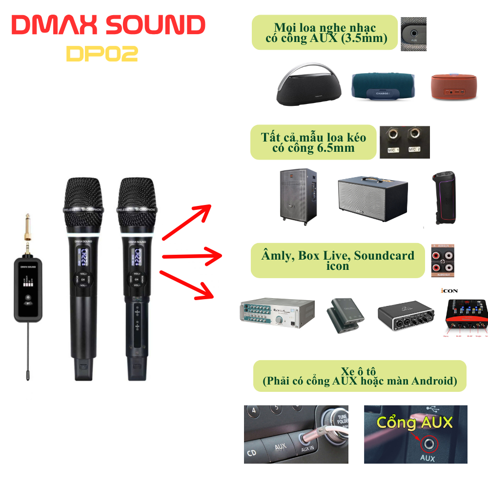 Micro Dmax Sound DP02 siêu đa năng, chỉnh được Echo Bass Treb , tích hợp pin sạc, hát trên mọi loa