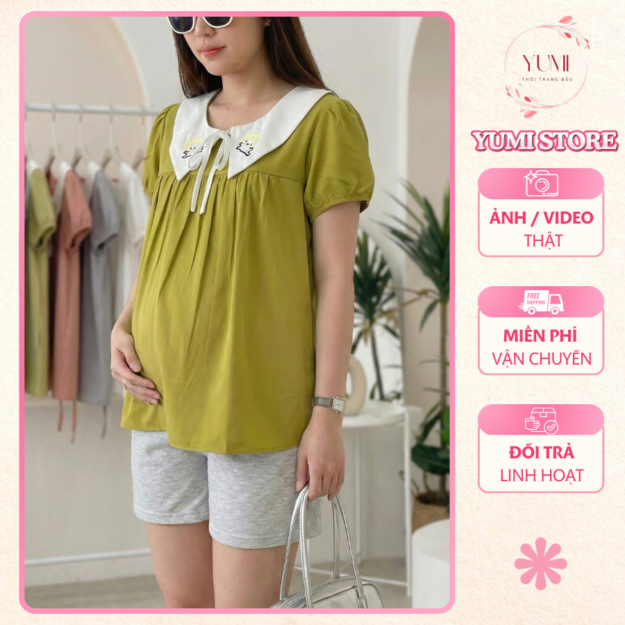 (45-70kg)Áo Bầu Cổ Sen Rút Nơ Tiểu Thư Dáng Suông Rộng – YUMI STORE