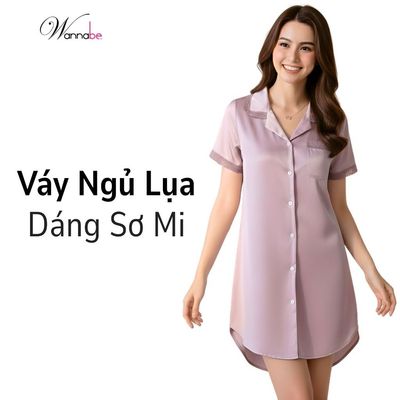 Váy ngủ Pijama dáng suông dấu bụng Wannabe đầm ngủ nữ lụa latin phối ren Nhật mềm mại nữ tính DNL16