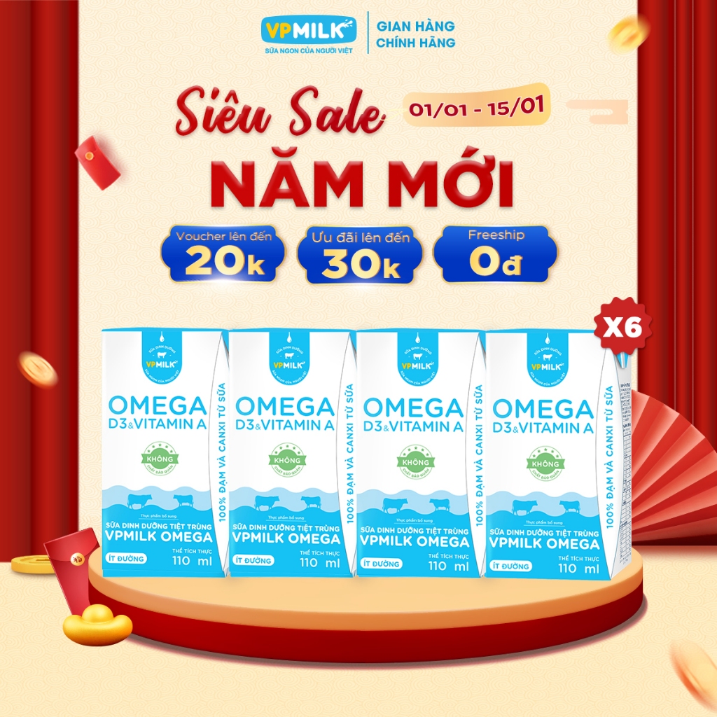 [6 Lốc 110ml] Sữa Dinh Dưỡng Tiệt Trùng VPMilk Omega ÍT ĐƯỜNG dạng HỘP ( 4 hộp x 6)