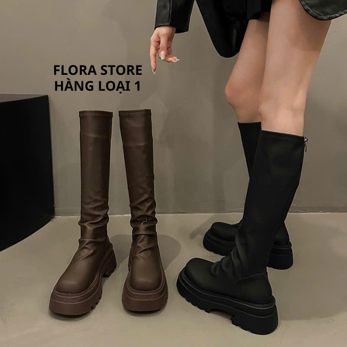 Giày Boots Ống Nữ Cao Cổ Mũi Tròn Cổ Nhún Da Lì Siêu Dày Tôn Dáng Phong Cách - FLORA B25
