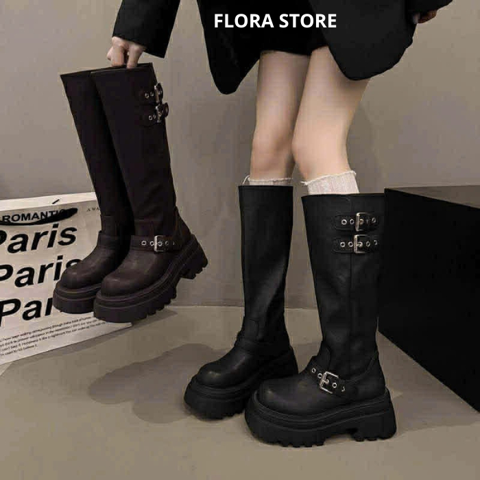 Giày boots nữ, bốt nữ cổ cao da mềm đế cao 6cm chống trượt khóa kéo cá tính phong cách Hàn Quốc FLORA B28