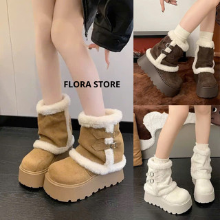 Giày Boots Nữ Da Nỉ Lót Lông Dày Dặn Đế Bánh Mì Chống Trượt Cao 6cm Ấm Áp Phù Hợp Mùa Đông FLORA B27
