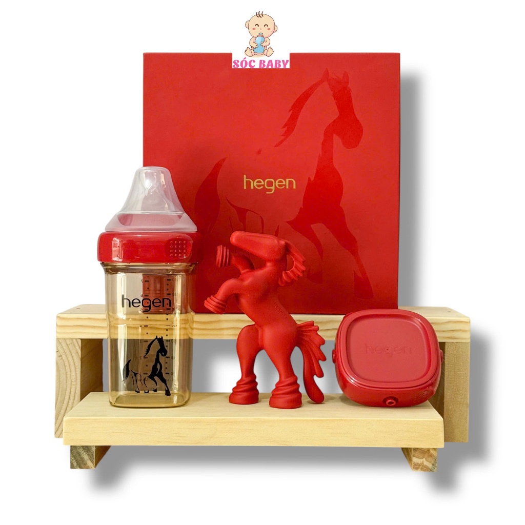 Bình sữa Hegen Majestic Stallion 240ml, Bình sữa Hegen họa tiết Ngựa kèm gặm nướu hình ngựa đỏ cho b