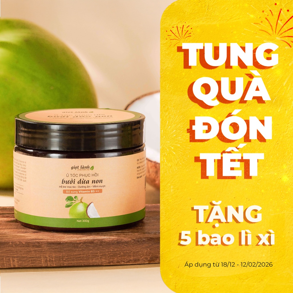 Kem ủ tóc - Ủ tóc phục hồi hư tổn Bưởi Dừa Non, hỗ trợ kích mọc tóc Giọt Lành 300gram
