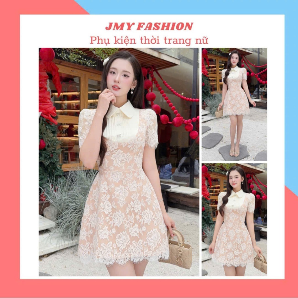 (HOẠ TỐC) V824 Váy ren trắng nền be cổ sen dáng A sang chảnh tiểu thư [TH HA LE]