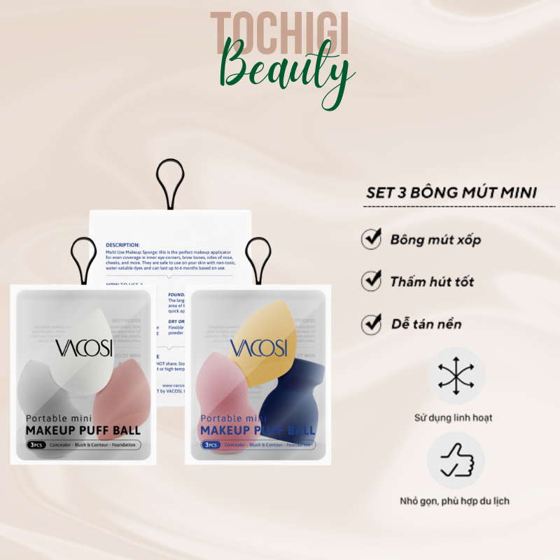 Set 3 Bông Blender Mini - VACOSI Portable Mini Makeup Puff Ball