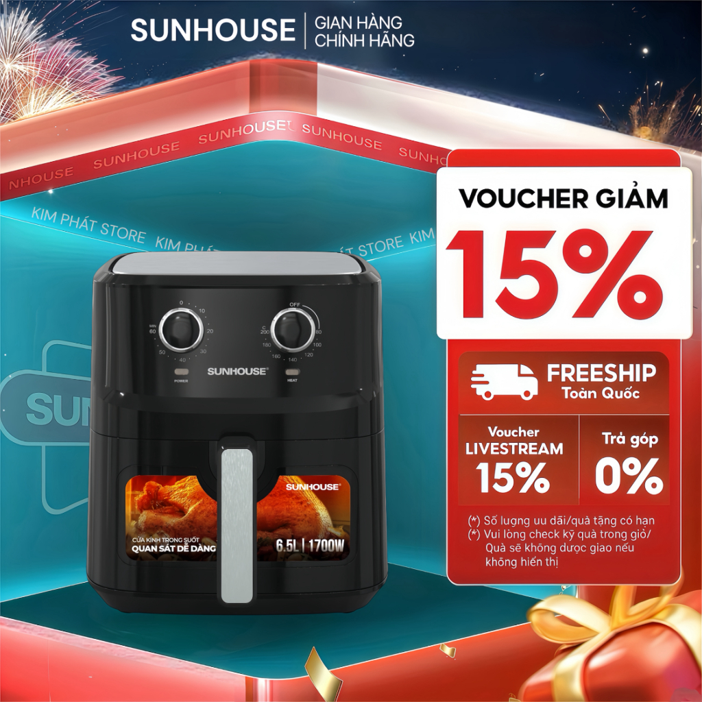 NỒI CHIÊN KHÔNG DẦU 6.5L SUNHOUSE SHD4030 - Khoang chiên xuyên thấu, Bảo hành 1 năm