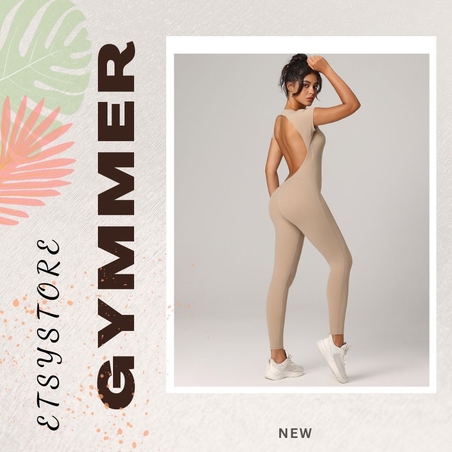 [Etsy Sport] Bodysuit thể thao hở lưng quần dài, bodysuit tập gym yoga áo kèm mút đệm tiện lợi, chất