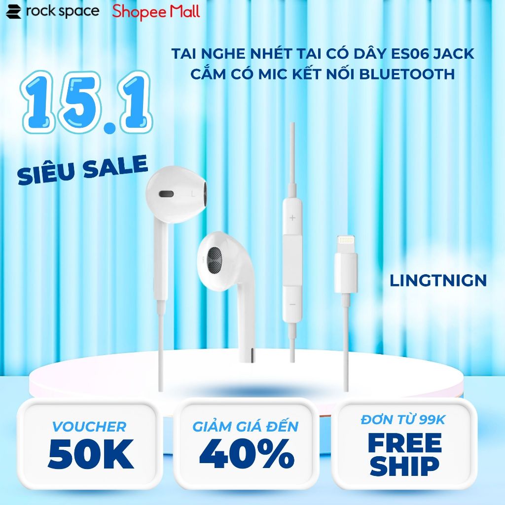 Tai nghe nhét tai có dây ROCKSPACE ES06 jack cắm có mic kết nối bluetooth hàng chính hãng bảo hành 1