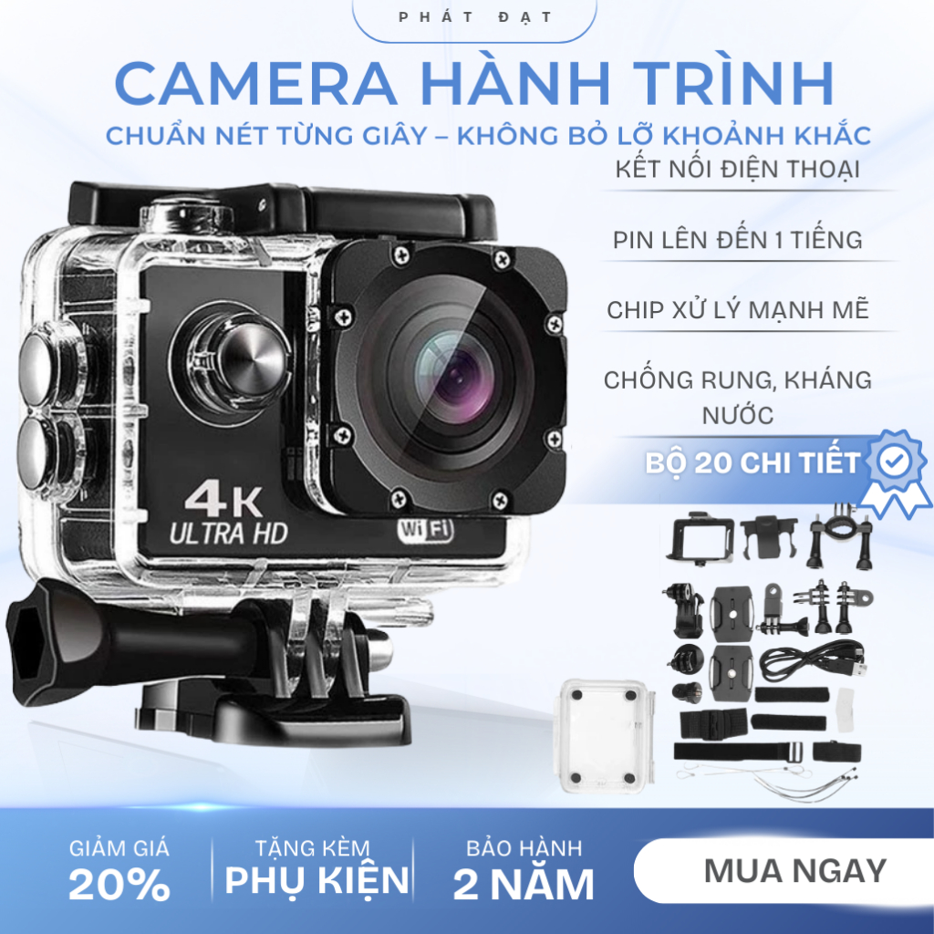 Camera hành trình 4K Chống rung, Chống nước, Camera đi phượt gắn trên xe máy, Ô tô, Mũ bảo hiểm