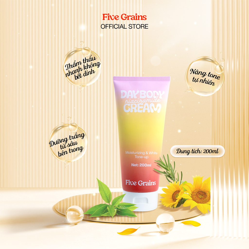 Kem Dưỡng Body Five Grains Trắng Da Niacinamide, Alpha-Arbutin Nâng Tone Ban Ngày/ Ban Đêm