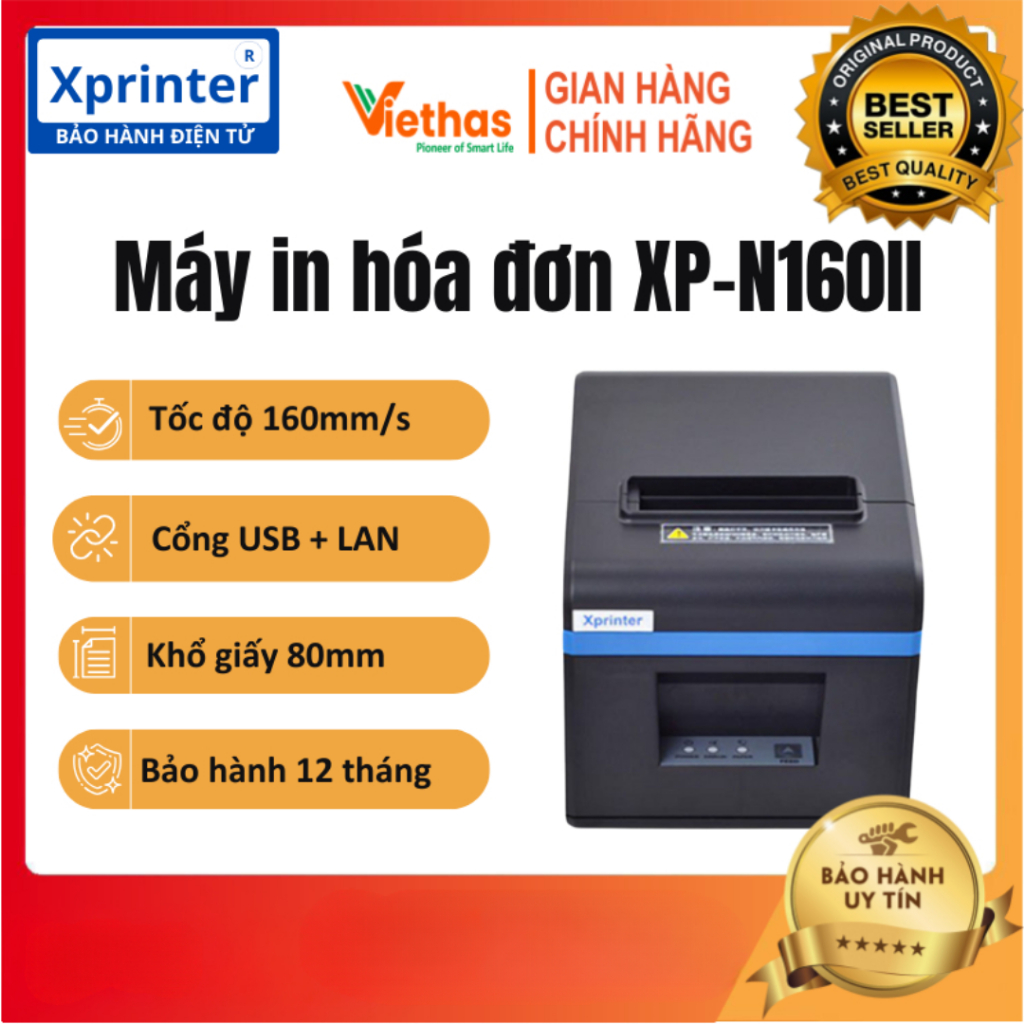Máy in hóa đơn nhiệt Xprinter XP - N160ii Cổng USB + LAN, in bill khổ K80 trên Điện Thoại và Máy Tín