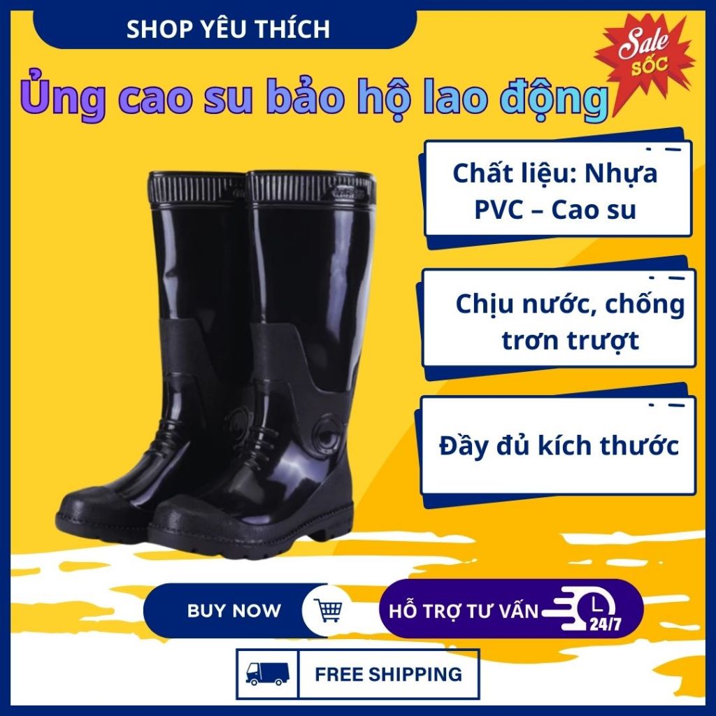 Ủng cao su, ủng bảo hộ lao động màu đen, chống nước, hàng Việt Nam chất lượng cao