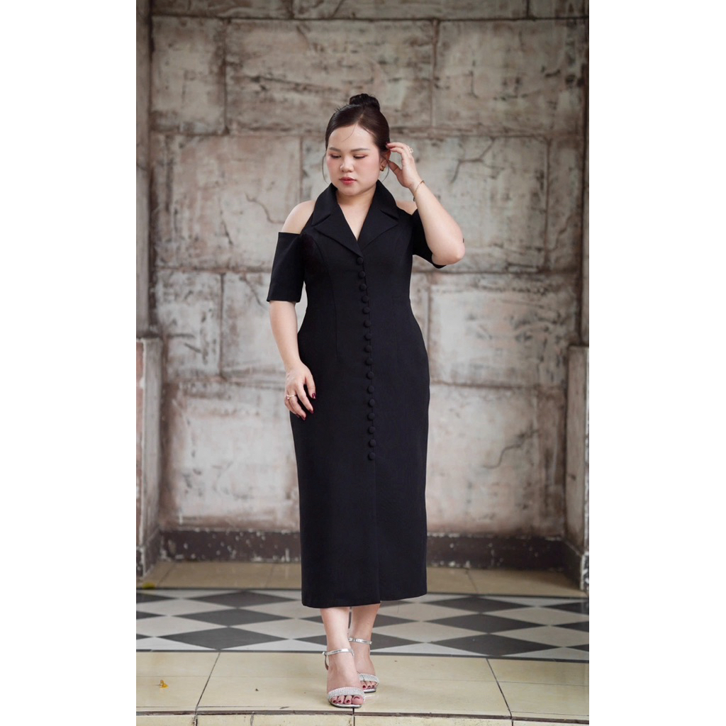 Đầm nút bọc dáng dài cổ vest cao cấp bigsize LUCY full 55-90kg