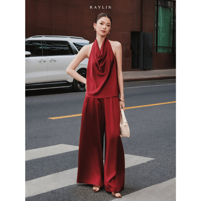 Set KAYLIN áo kiểu cổ đổ phối quần suông dài chất vải lụa Stwill bóng nhẹ BST THE FIRST BREATH - SET129T1