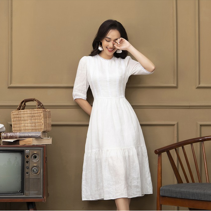 Váy Linen Nữ K115 - Đầm Đuôi Cá Cổ Tròn Thêu Ren Ngực Thiết Kế Thanh Lịch Cao Cấp