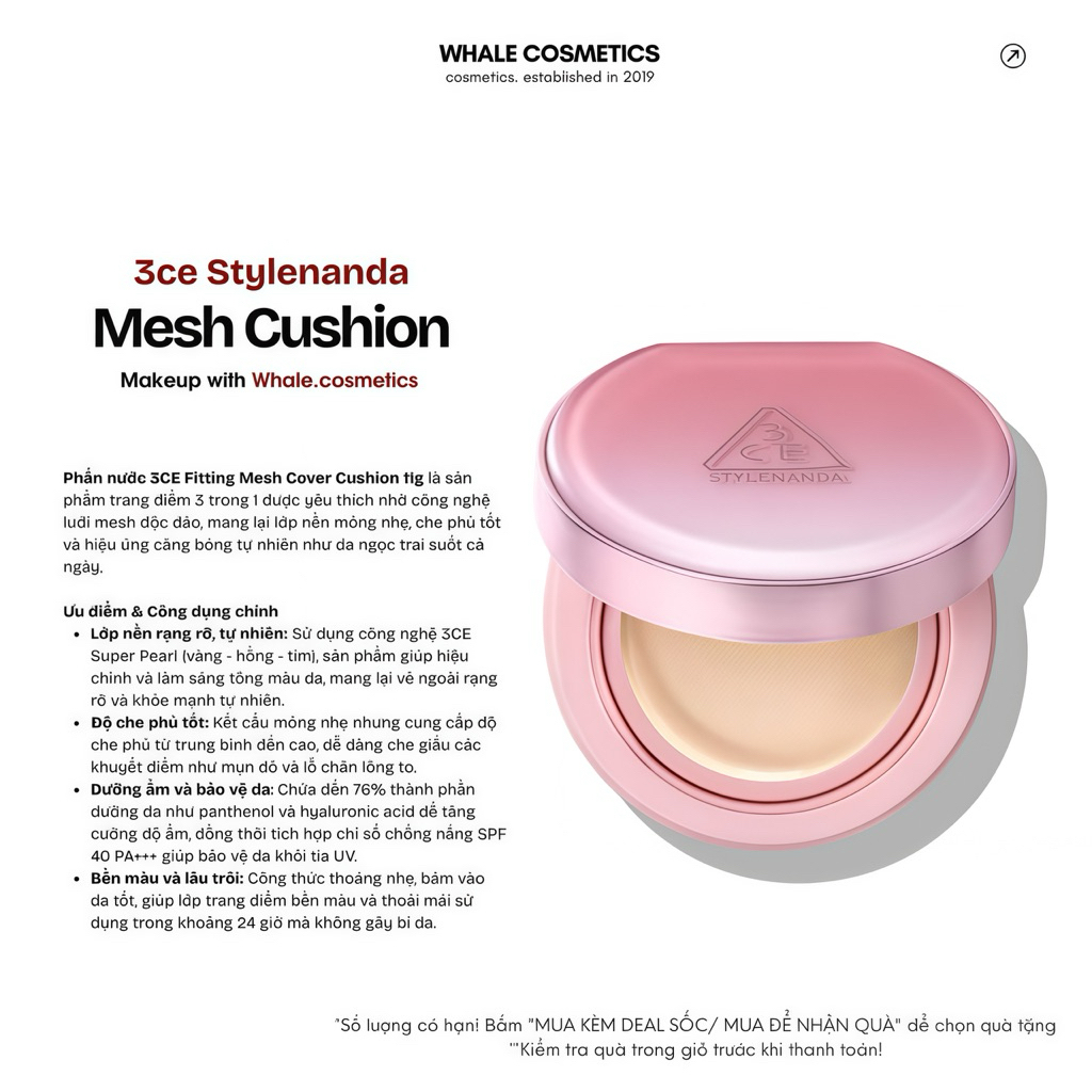 Cushion 3CE Fitting Mesh Cushion Cover Cushion (11g) - Không Kèm Lõi Refill