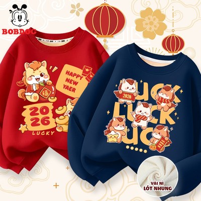 Áo nỉ bé trai BOBDOG, áo tết dài tay cho bé chất vải nỉ nhung ấm áp in hình ngựa chibi cute