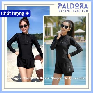 Đồ bơi nữ size S - 2XL bikini đi biển kín đáo áo bơi tay dài có dây kéo quần ngắn 2 lớp màu đen Paldora037