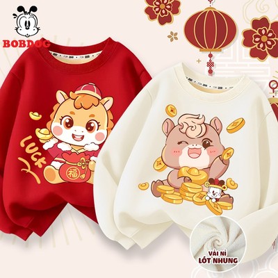 Áo sweater cho bé BOBDOG, áo thu đông cho bé trai bé gái chất nỉ nhung ấm áp in hình ngựa tết cute