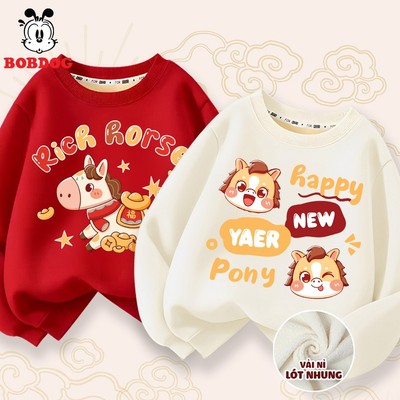 Áo nỉ cho bé trai bé gái BOBDOG, áo ấm cho bé chất vải nỉ nhung ấm áp in hình NGỰA LUCKY CHÚC TẾT