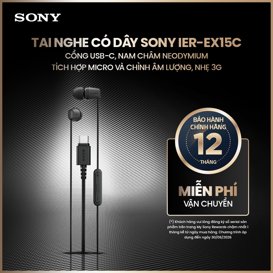 Tai nghe có dây Sony IER-EX15C cổng USB-C, nam châm Neodymium, tích hợp micro và chỉnh âm lượng