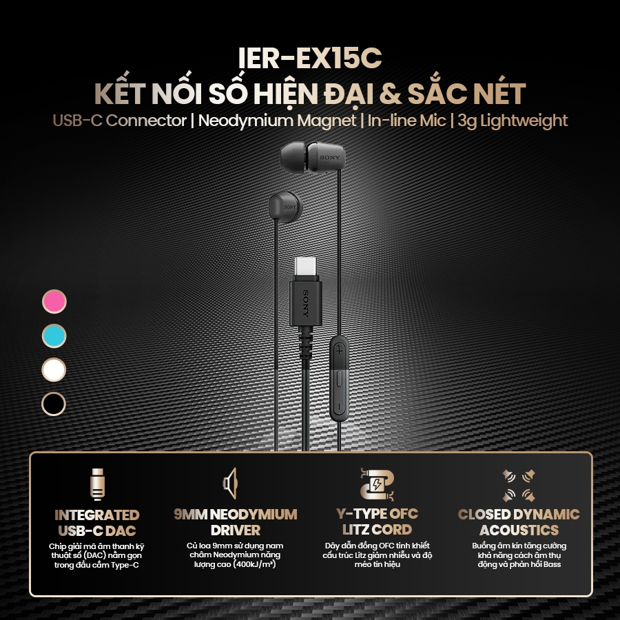 Tai nghe có dây Sony IER-EX15C cổng USB-C, nam châm Neodymium, tích hợp micro và chỉnh âm lượng | BigBuy360 - bigbuy360.vn