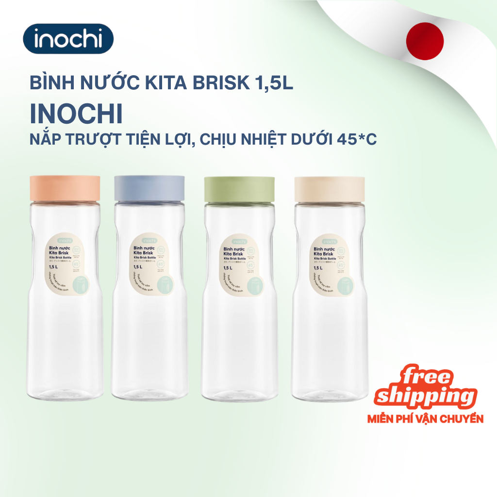 Bình KITA BRISK 1,5L nắp trượt Inochi, tiện dụng, an toàn, màu sắc pastel siêu xinh
